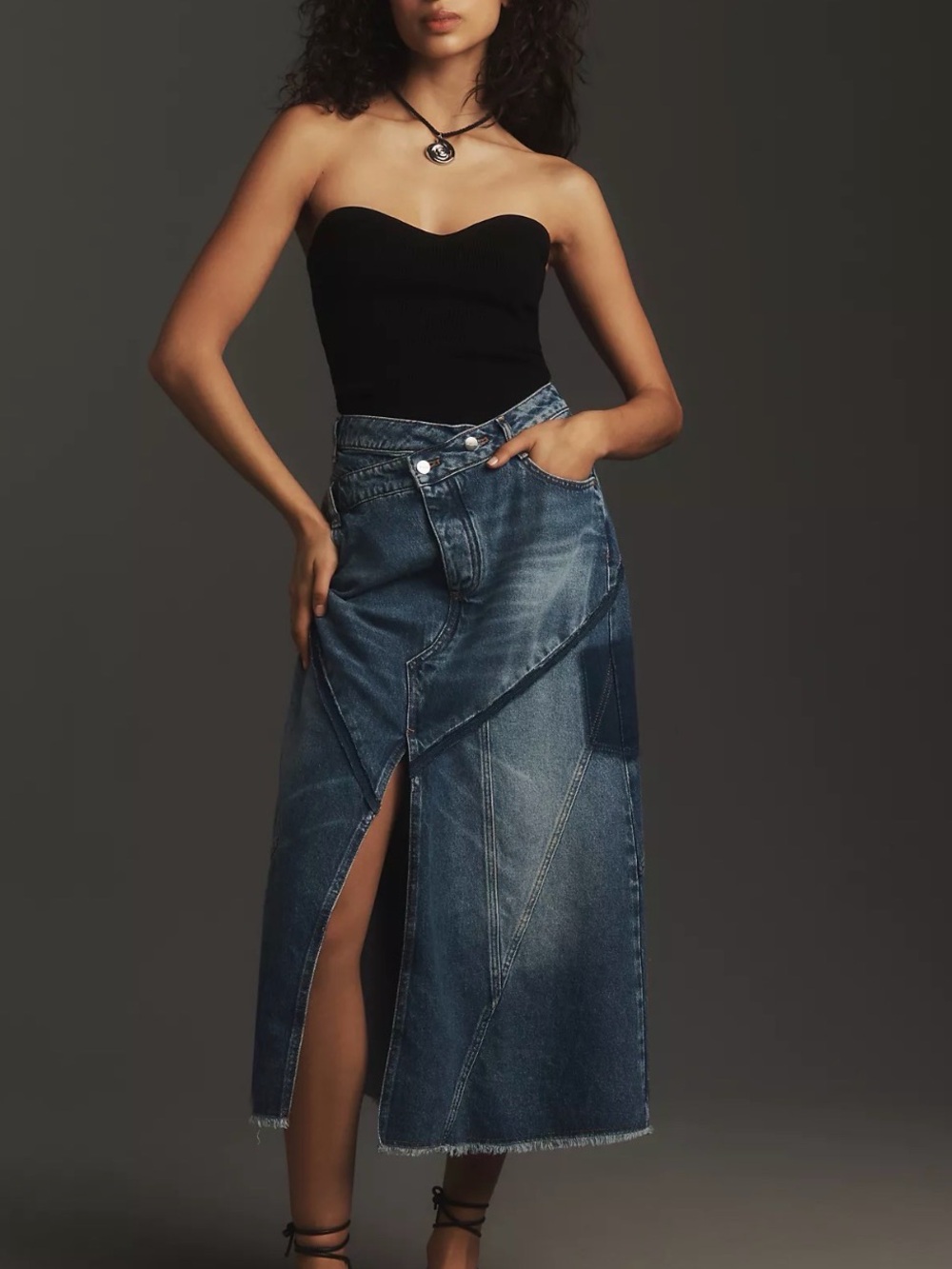 Pilcro Black Strapless Bodice with Dark Blue Patchwork Denim Skirt
